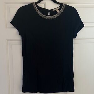 Banana Republic Black Short Sleeve  Peplum style Top with Silver Accents